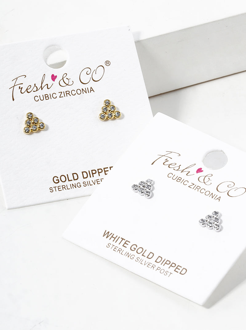 White Gold Dipped CZ Pave Five Flower Post Stud Earrings