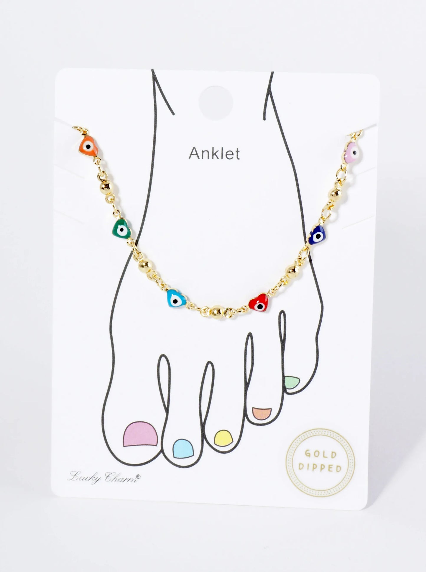 18K Gold Dipped Colorful Heart Evil Eye Charms Brass Chain Anklet
