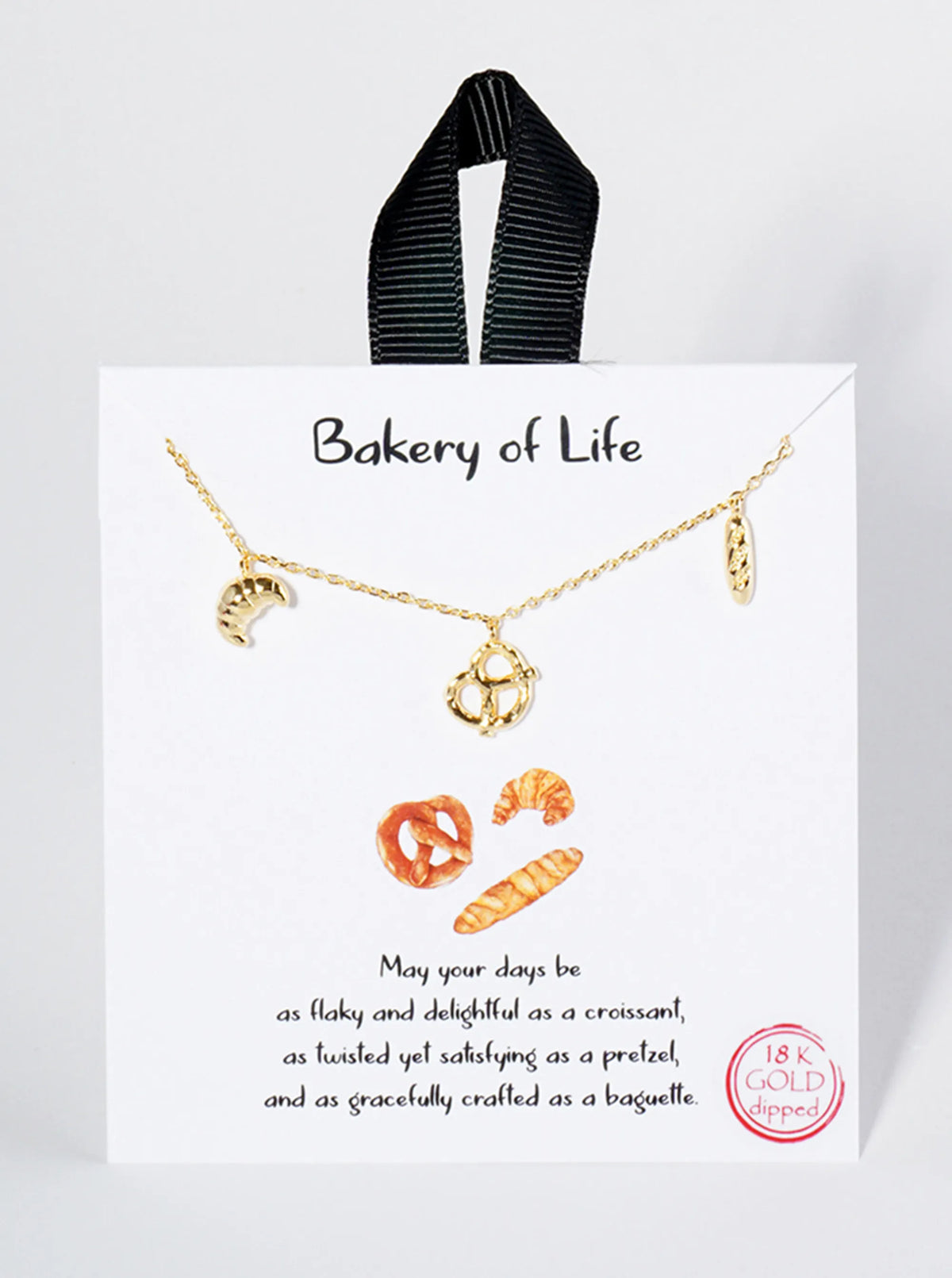 18K Gold Dipped Croissant Pretzel Baguette Charms Pendant Necklace
