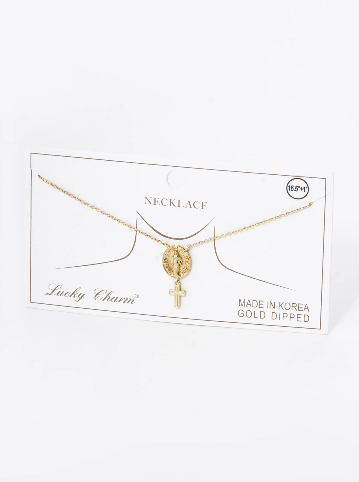 18K Gold Dipped Cross Drop Oval Miraculous Medal Religious Pendant Necklace