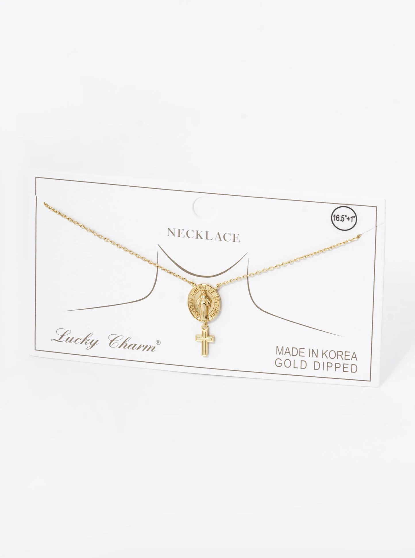 18K Gold Dipped Cross Drop Oval Miraculous Medal Religious Pendant Necklace