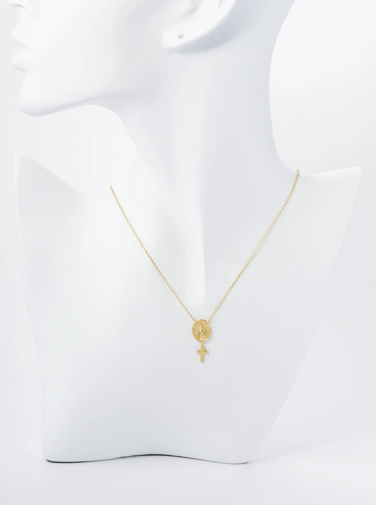 18K Gold Dipped Cross Drop Oval Miraculous Medal Religious Pendant Necklace