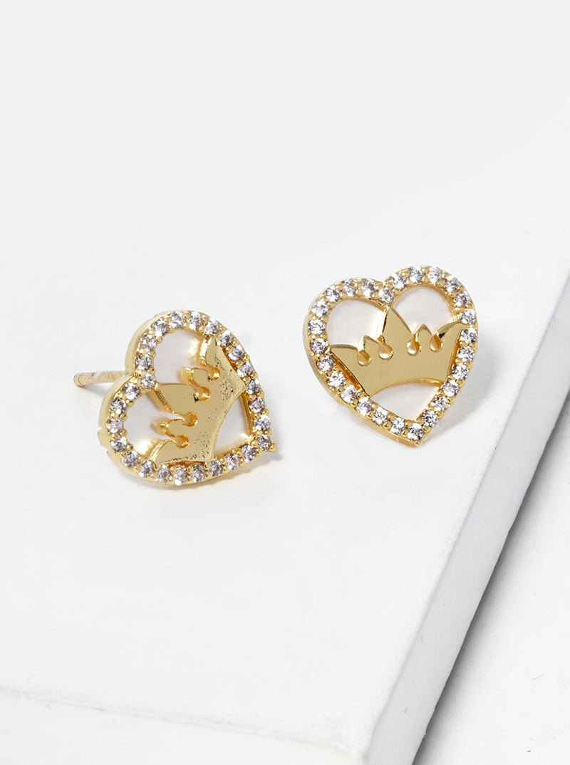 18K-Gold-Dipped Crown In CZ Pave MOP Heart Post Stud Earrings