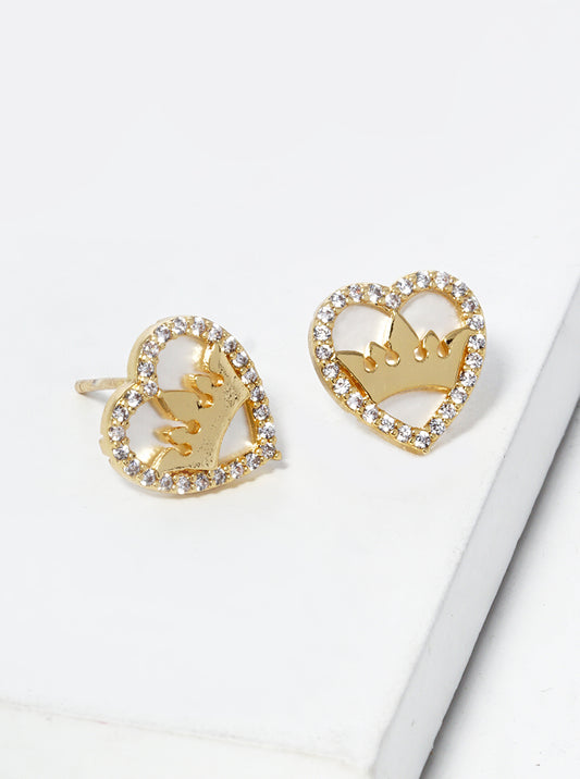 18K-Gold-Dipped Crown In CZ Pave MOP Heart Post Stud Earrings