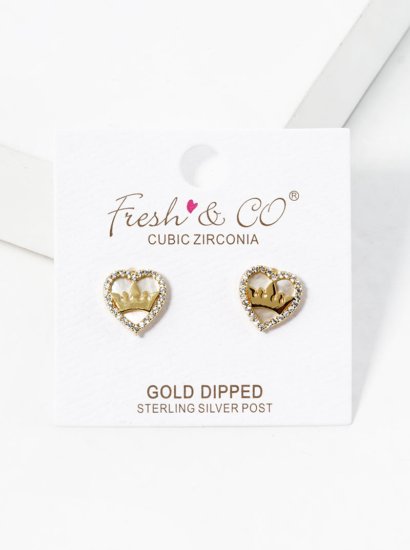 18K-Gold-Dipped Crown In CZ Pave MOP Heart Post Stud Earrings