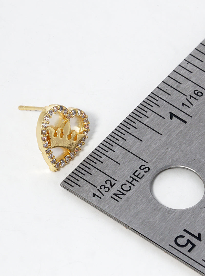 18K-Gold-Dipped Crown In CZ Pave MOP Heart Post Stud Earrings
