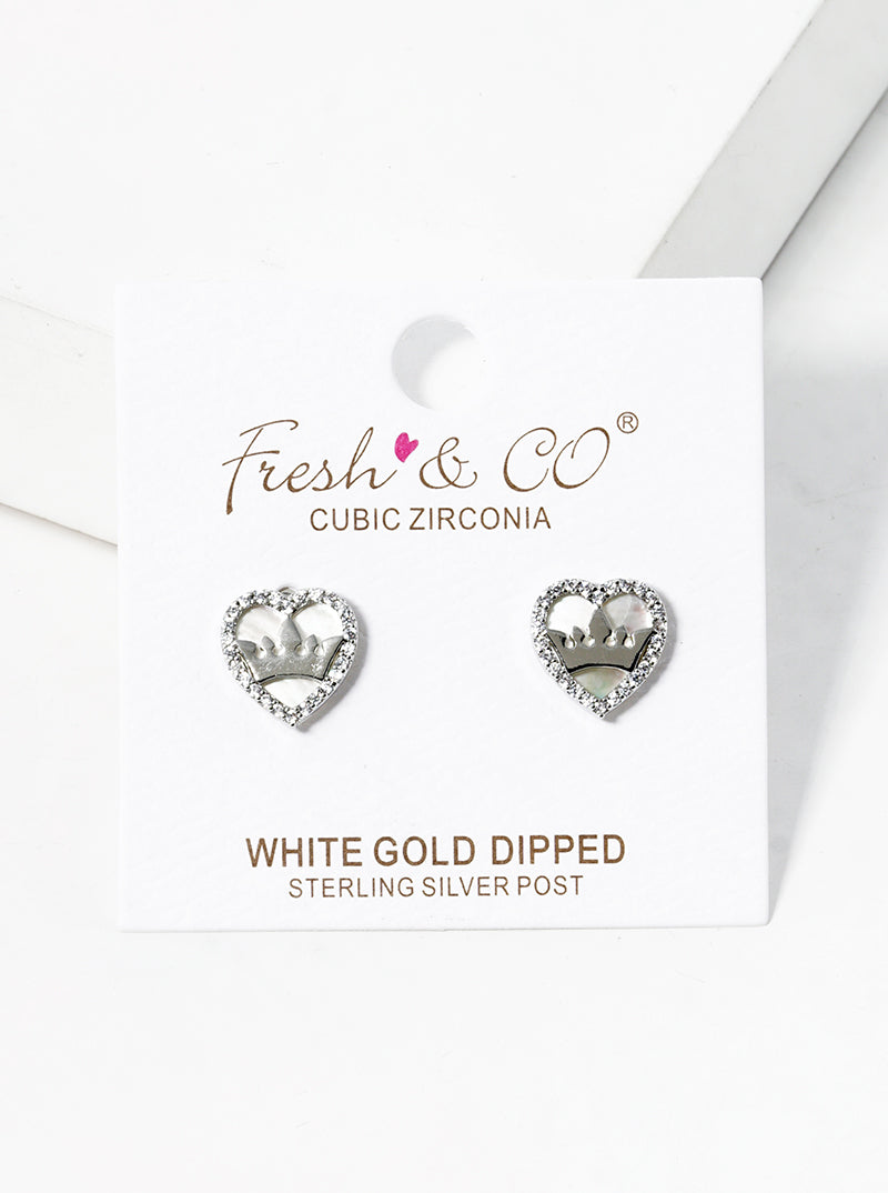 18K-Gold-Dipped Crown In CZ Pave MOP Heart Post Stud Earrings