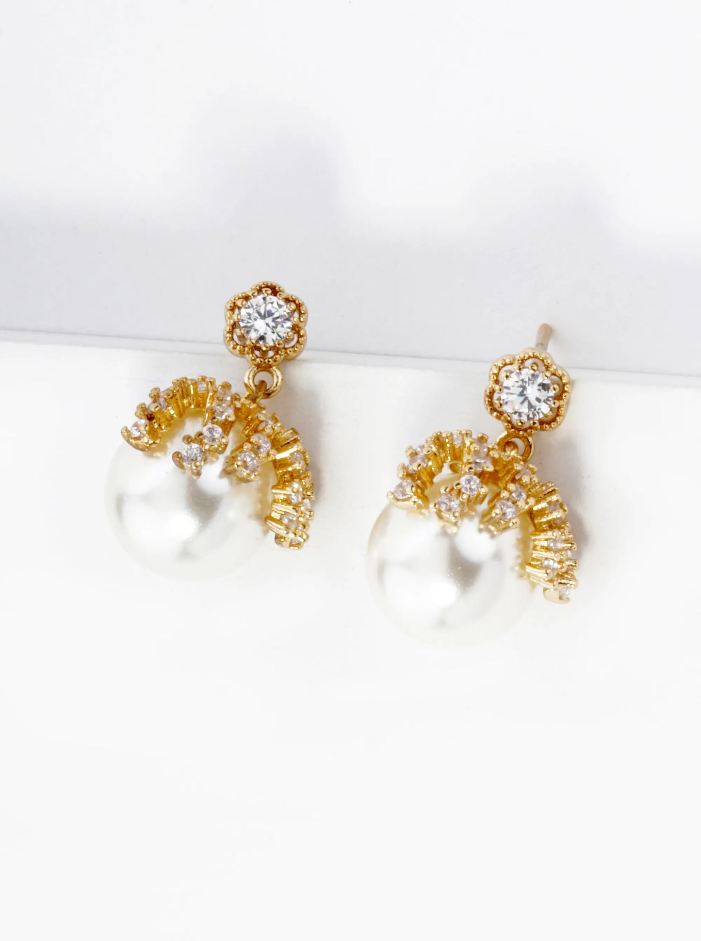 18K Gold Dipped Cubic Zirconia 10mm Pearl Dangle Post Earrings