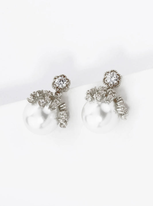 18K Gold Dipped Cubic Zirconia 10mm Pearl Dangle Post Earrings