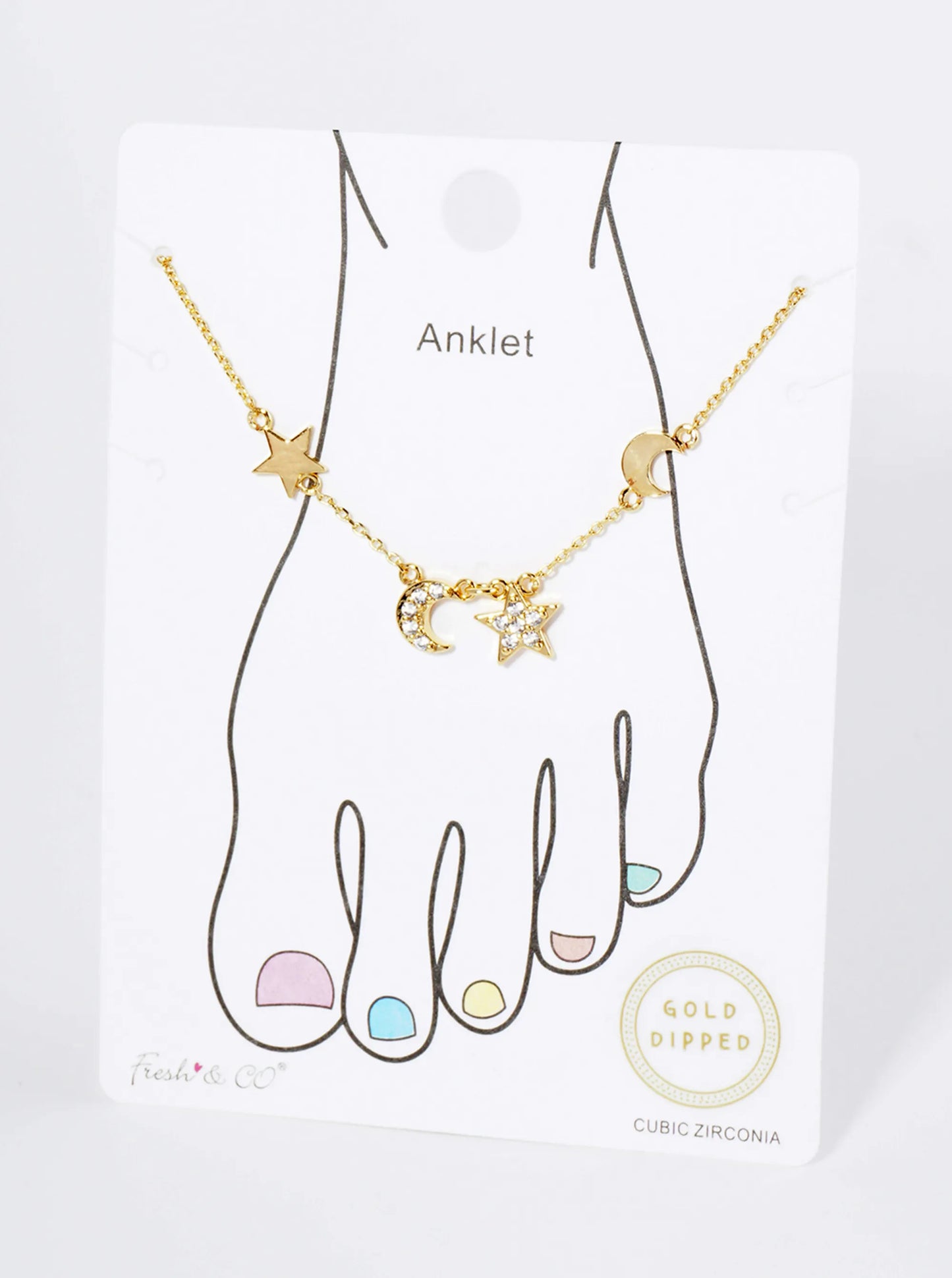 18K Gold Dipped Cubic Zirconia Celestial Star Charms Brass Chain Anklet