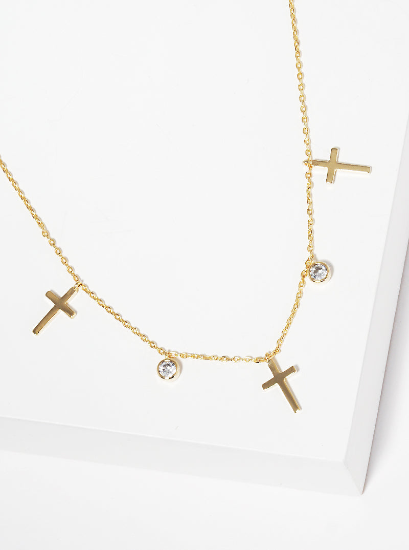 18K Gold Dipped Cubic Zirconia Cross Station Necklace