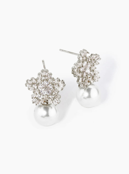 18K Gold Dipped Cubic Zirconia Flower With 10mm Pearl Stud Earrings