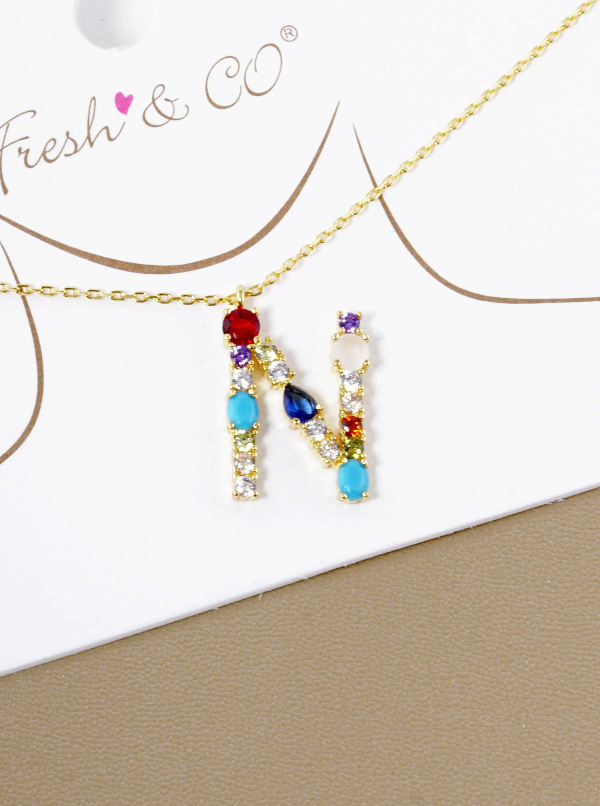 18K Gold Dipped Cubic Zirconia Initial Pendant Statement Necklace