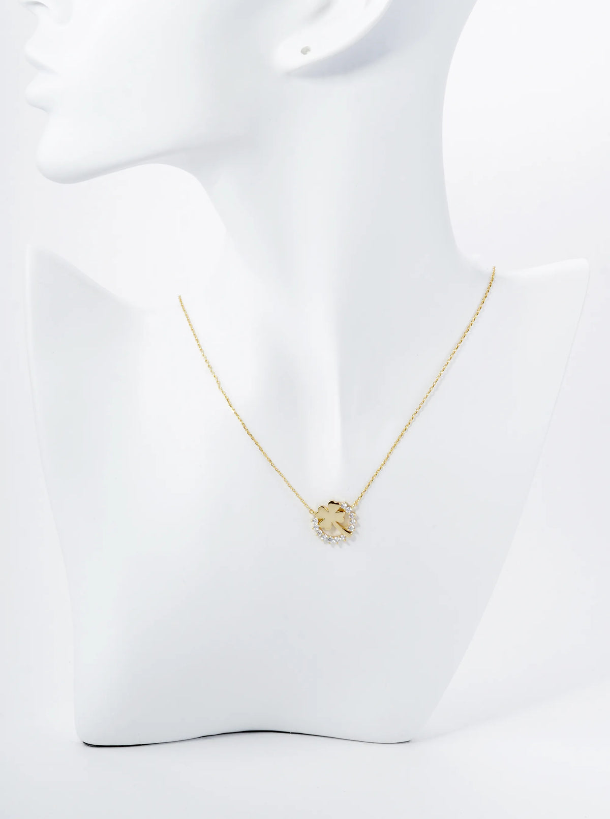 18K Gold Dipped Cubic Zirconia Pave Circle With Clover Pendant Necklace