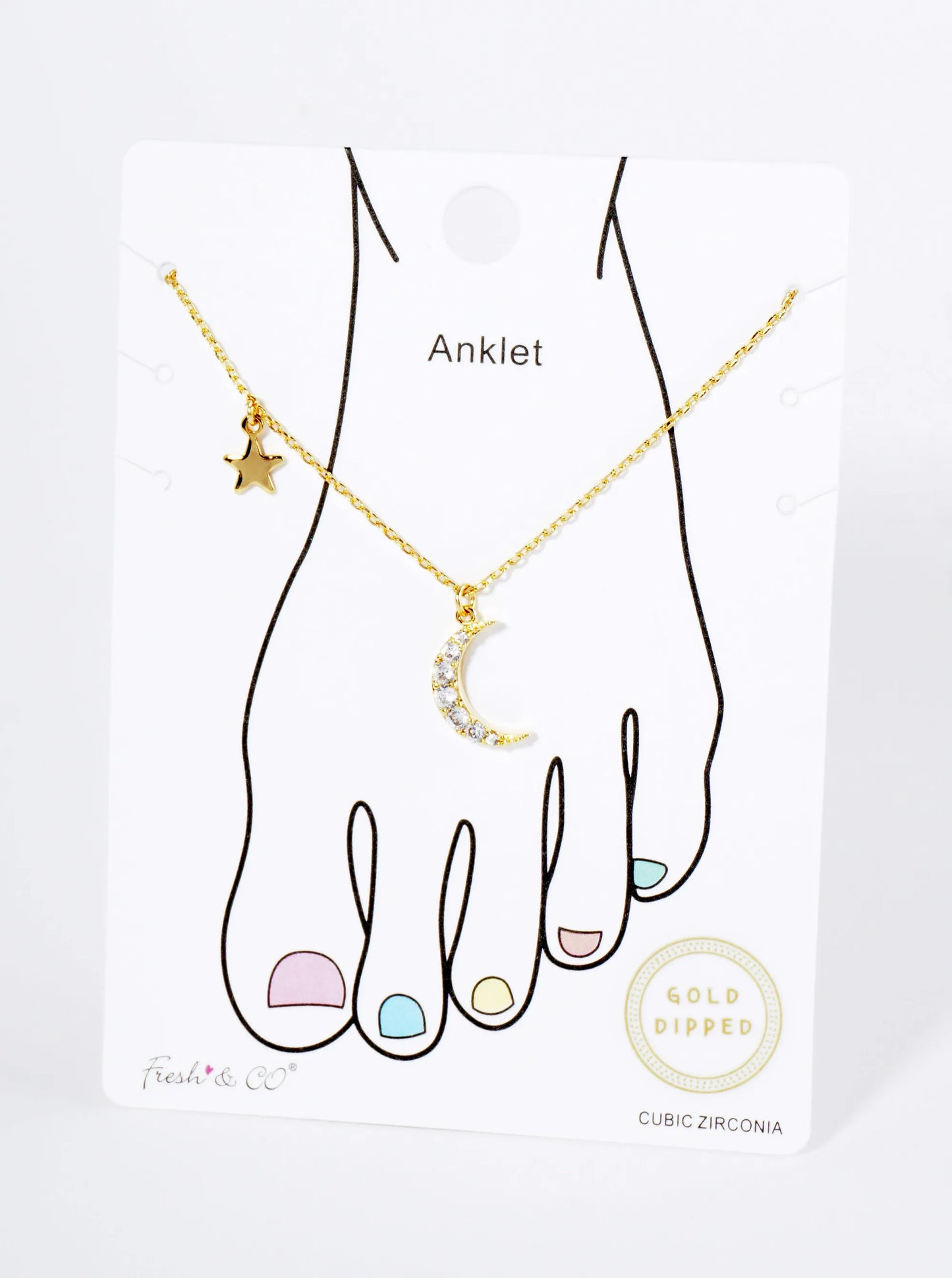 18K Gold Dipped Cubic Zirconia Pave Crescent Moon And Star Brass Chain Anklet