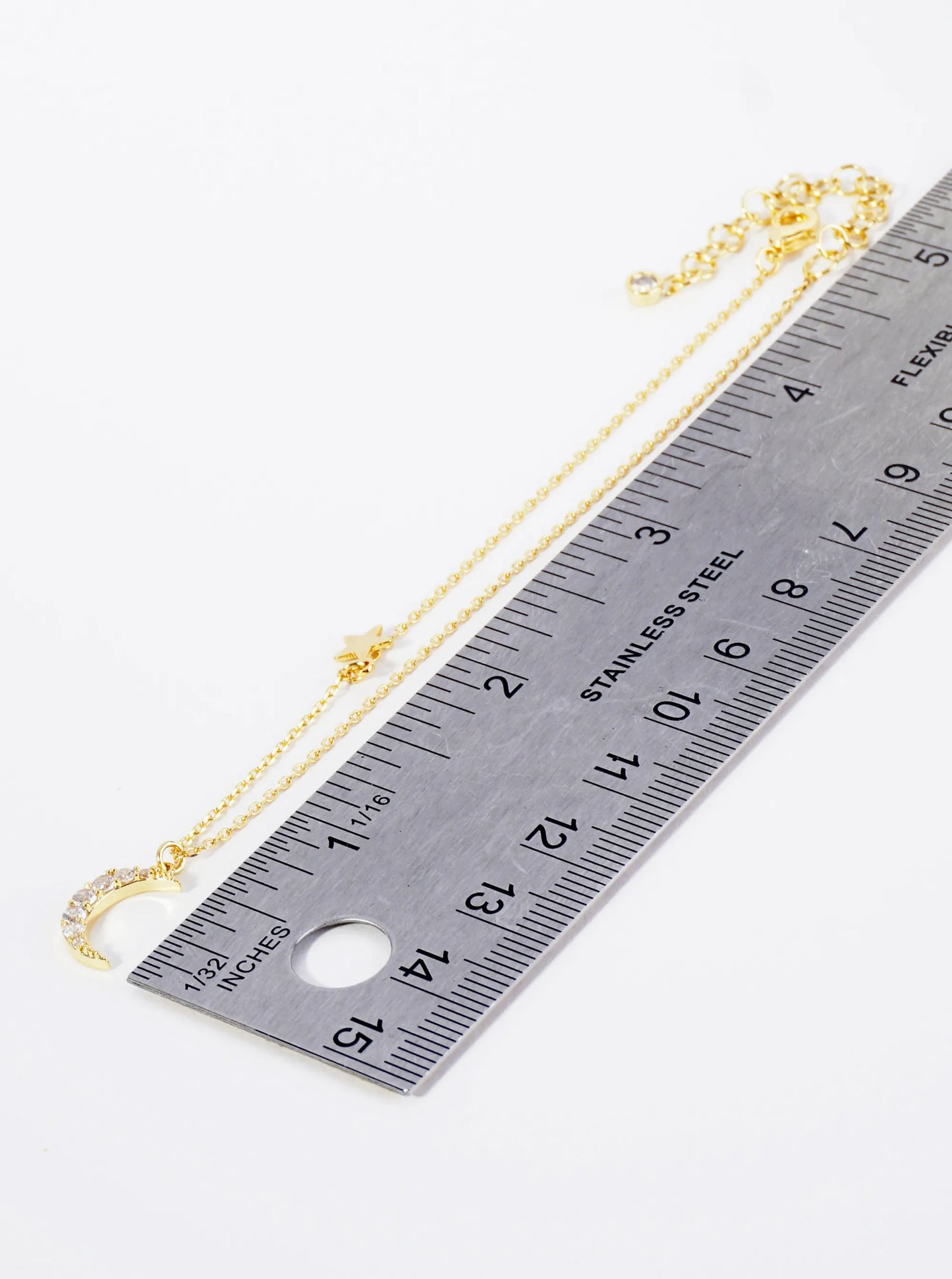 18K Gold Dipped Cubic Zirconia Pave Crescent Moon And Star Brass Chain Anklet