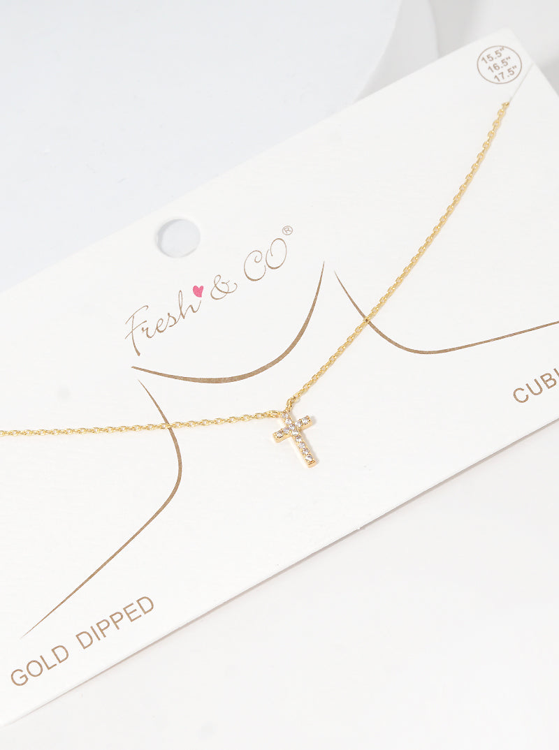 18K Gold Dipped Cubic Zirconia Pave Cross Pendant Delicate Necklace
