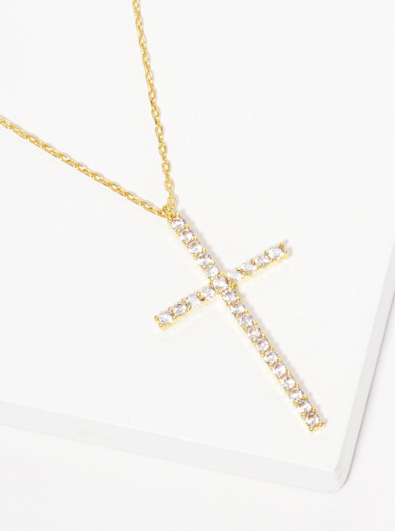 18K Gold Dipped Cubic Zirconia Pave Cross Pendant Delicate Necklace