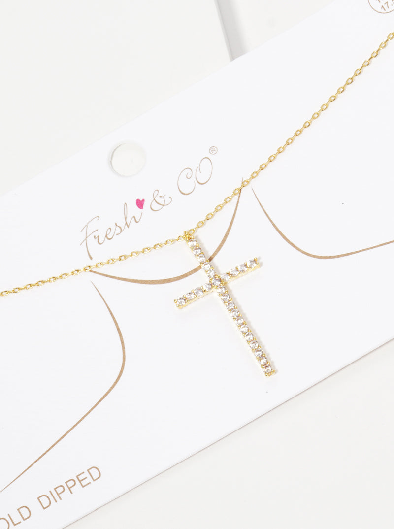 18K Gold Dipped Cubic Zirconia Pave Cross Pendant Delicate Necklace