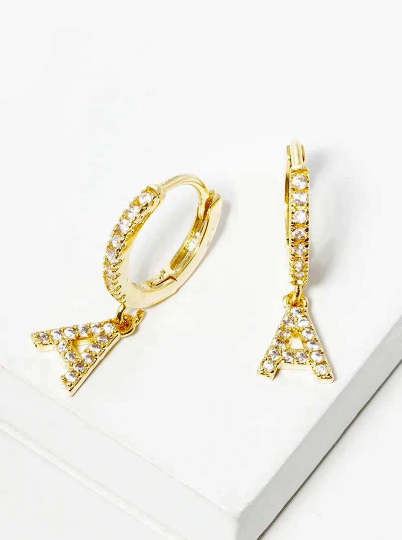 18K Gold Dipped Cubic Zirconia Pave Initial 10mm Huggie Earrings