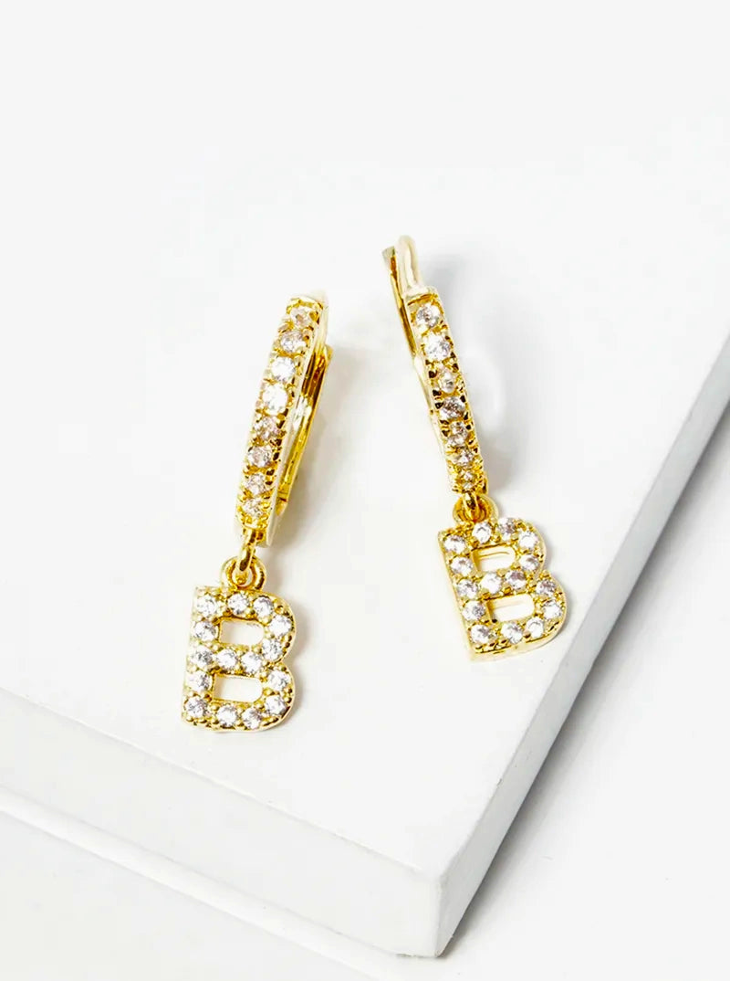 18K Gold Dipped Cubic Zirconia Pave Initial 10mm Huggie Earrings