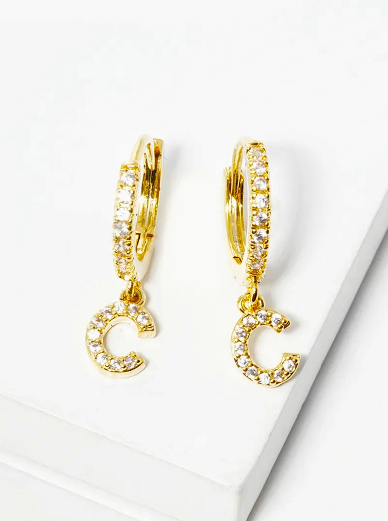 18K Gold Dipped Cubic Zirconia Pave Initial 10mm Huggie Earrings