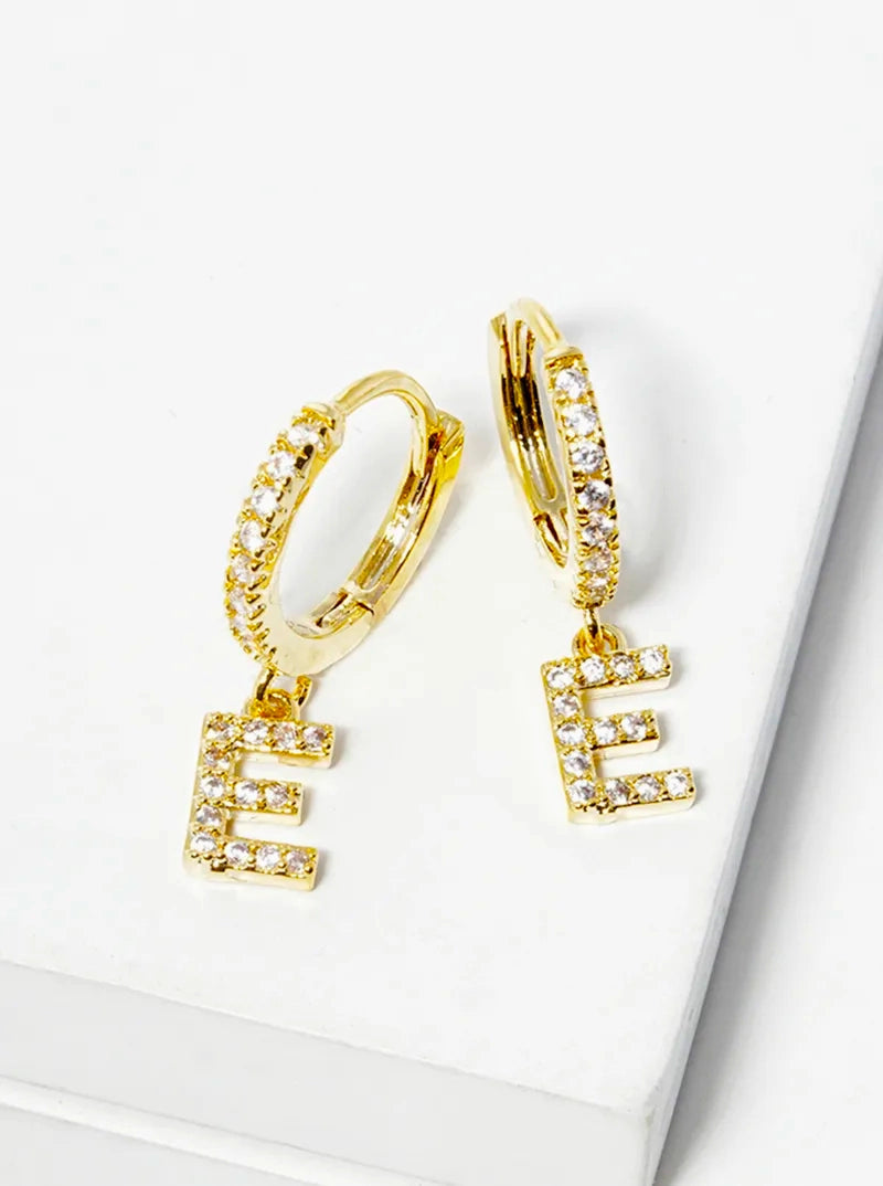 18K Gold Dipped Cubic Zirconia Pave Initial 10mm Huggie Earrings