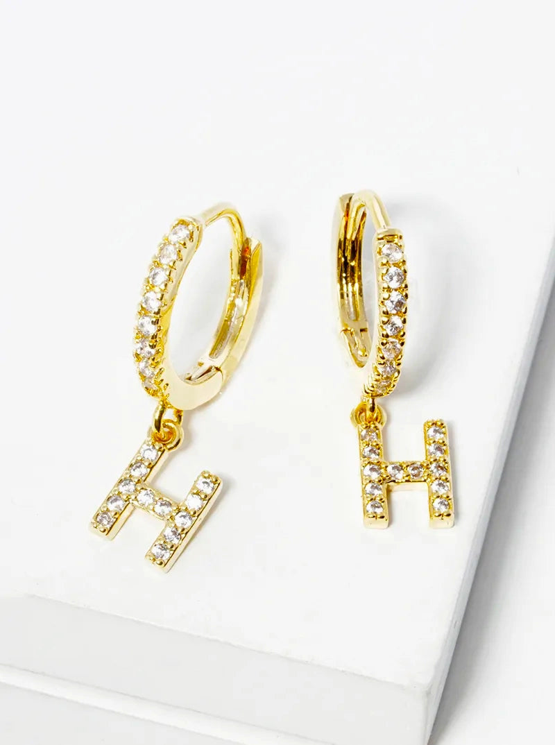 18K Gold Dipped Cubic Zirconia Pave Initial 10mm Huggie Earrings