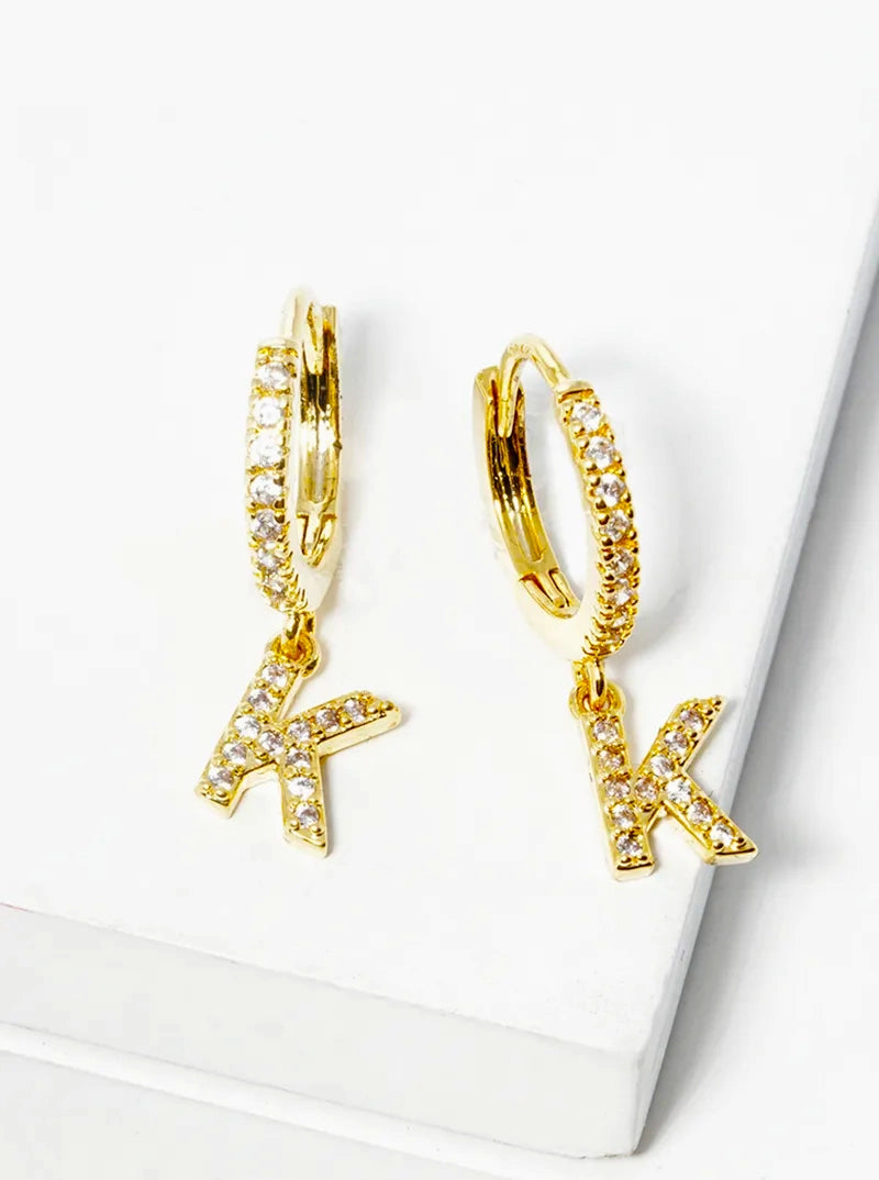 18K Gold Dipped Cubic Zirconia Pave Initial 10mm Huggie Earrings