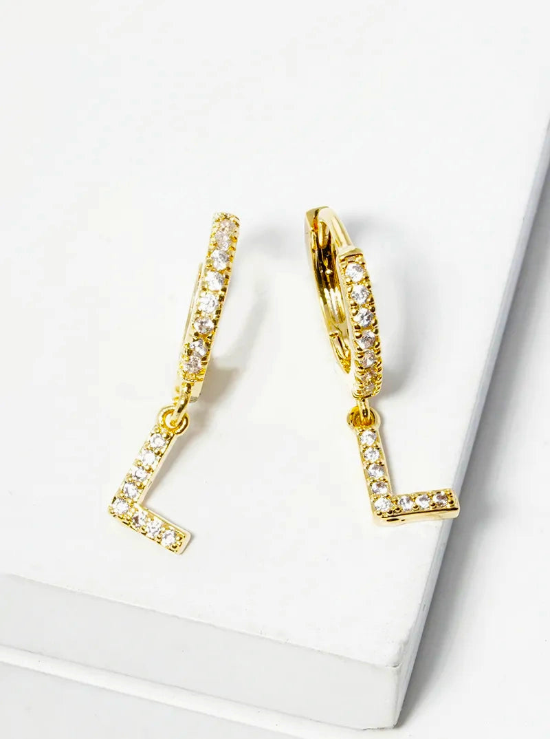 18K Gold Dipped Cubic Zirconia Pave Initial 10mm Huggie Earrings