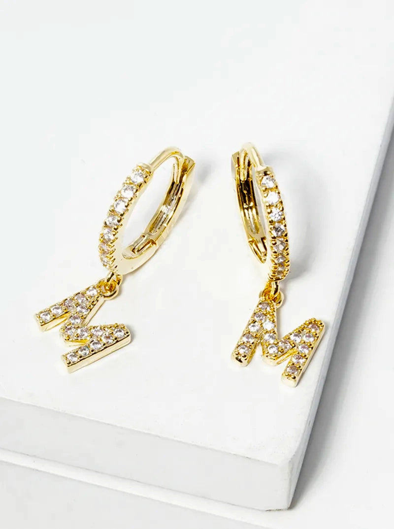 18K Gold Dipped Cubic Zirconia Pave Initial 10mm Huggie Earrings