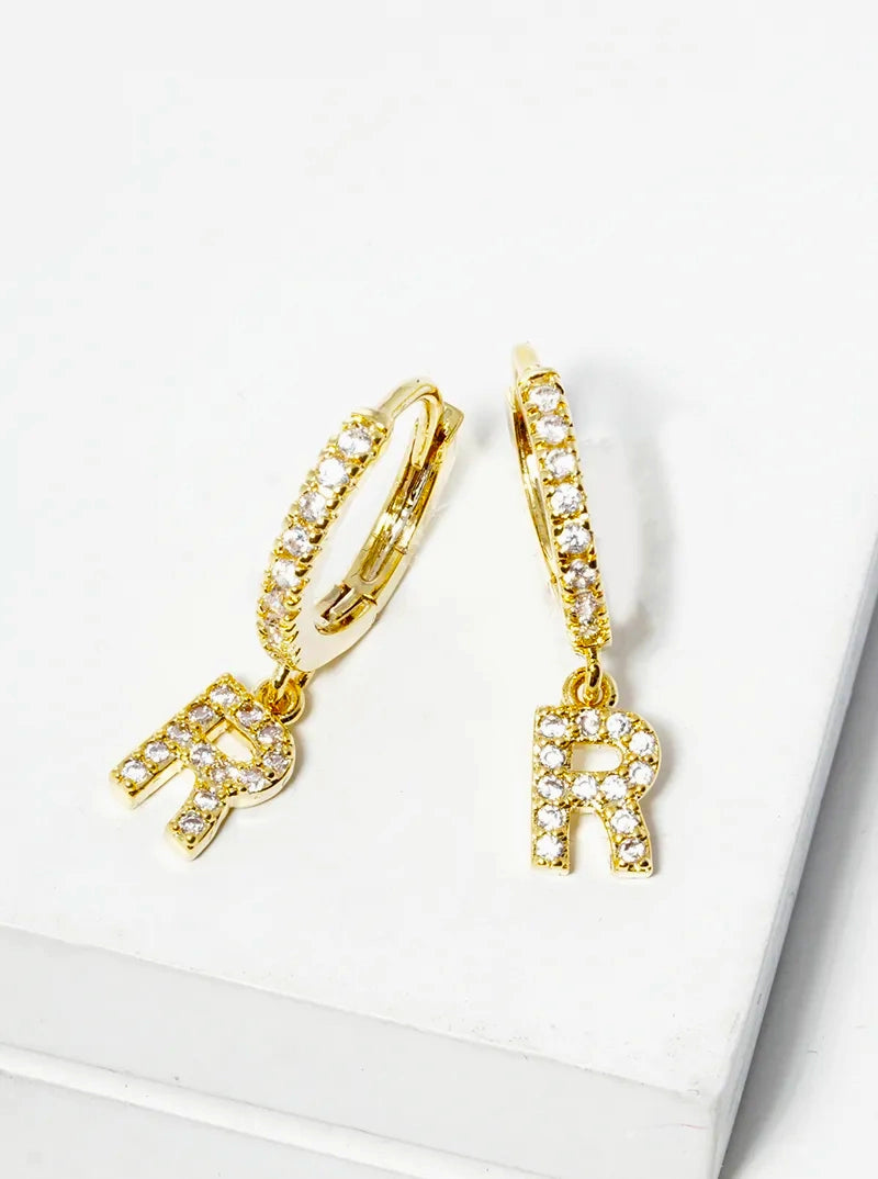 18K Gold Dipped Cubic Zirconia Pave Initial 10mm Huggie Earrings