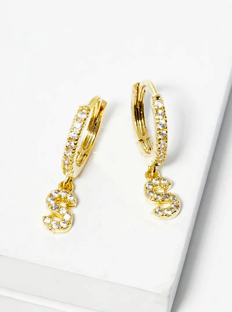 18K Gold Dipped Cubic Zirconia Pave Initial 10mm Huggie Earrings