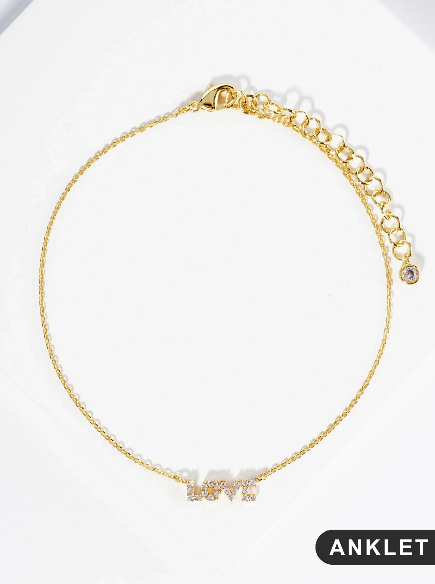 18K Gold Dipped Cubic Zirconia Pave LOVE Brass Chain Anklet
