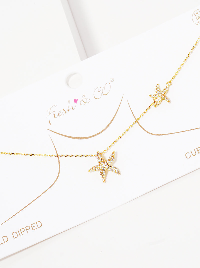 18K Gold Dipped Cubic Zirconia Pave Sea Life Starfish Necklace
