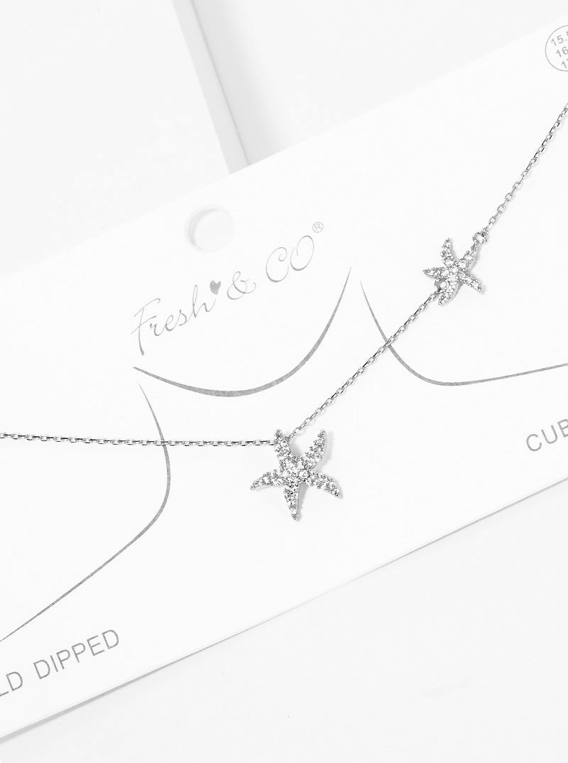 18K Gold Dipped Cubic Zirconia Pave Sea Life Starfish Station Delicate Necklace
