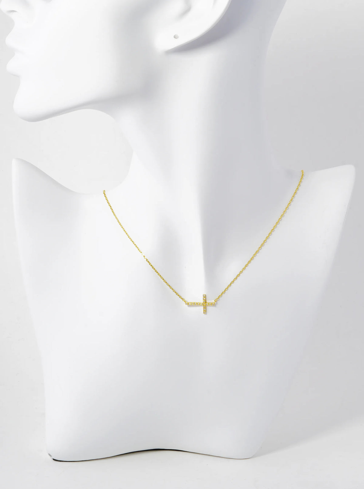 18K Gold Dipped Cubic Zirconia Pave Sideways Cross Pendant Necklace