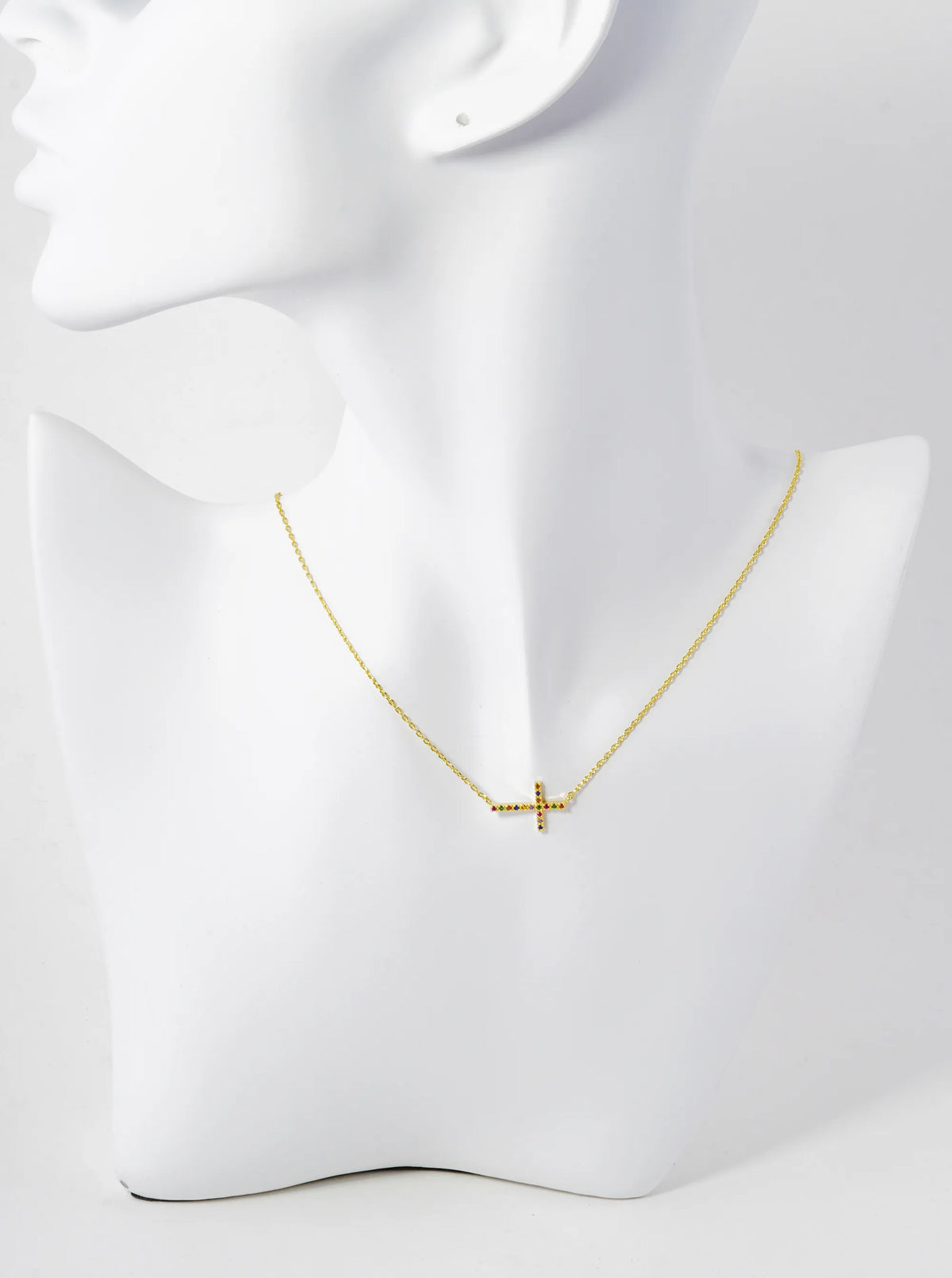 18K Gold Dipped Cubic Zirconia Pave Sideways Cross Pendant Necklace