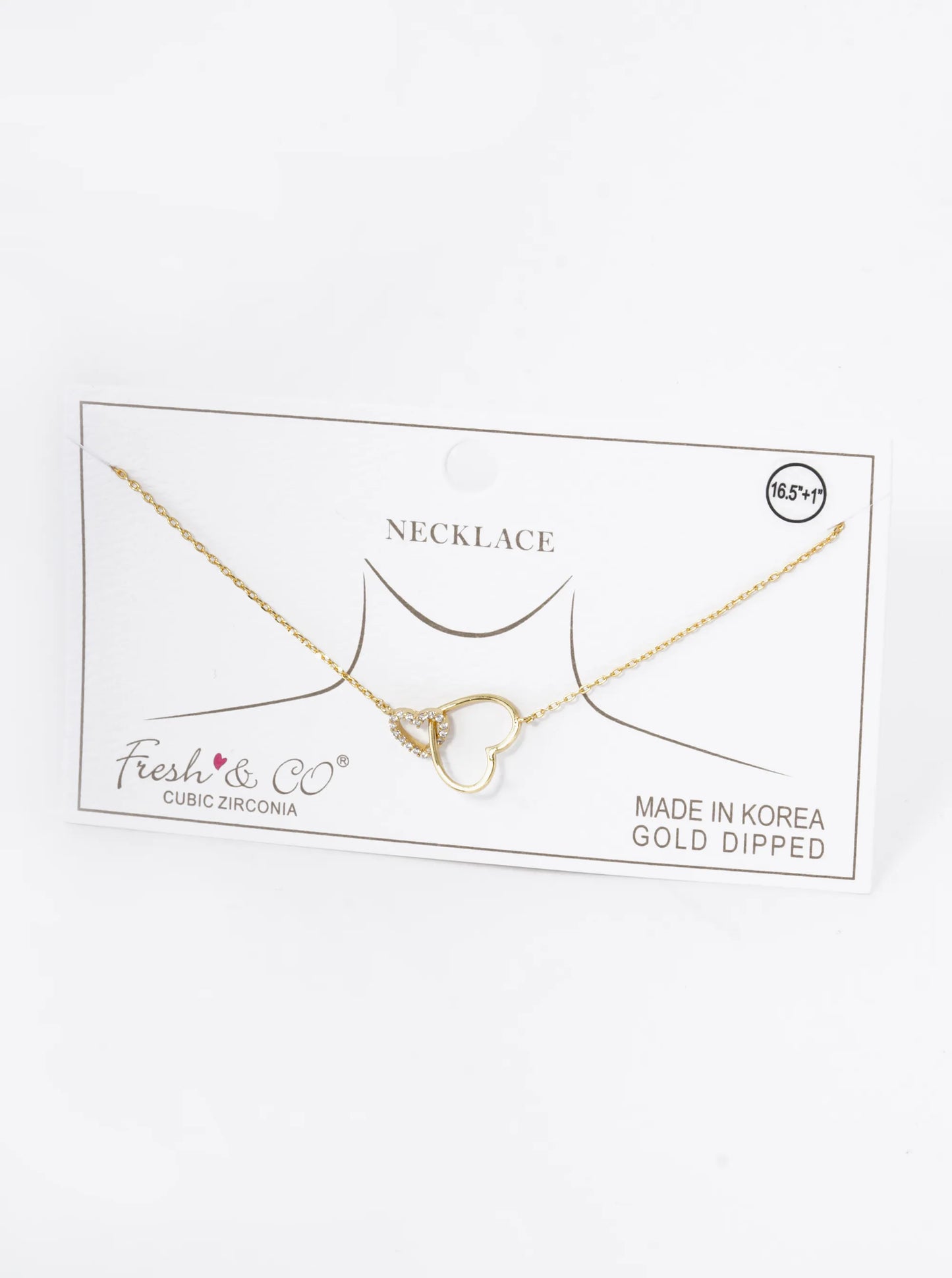 18K Gold Dipped Cubic Zirconia Pave Two Interlocking Hearts Pendant Necklace