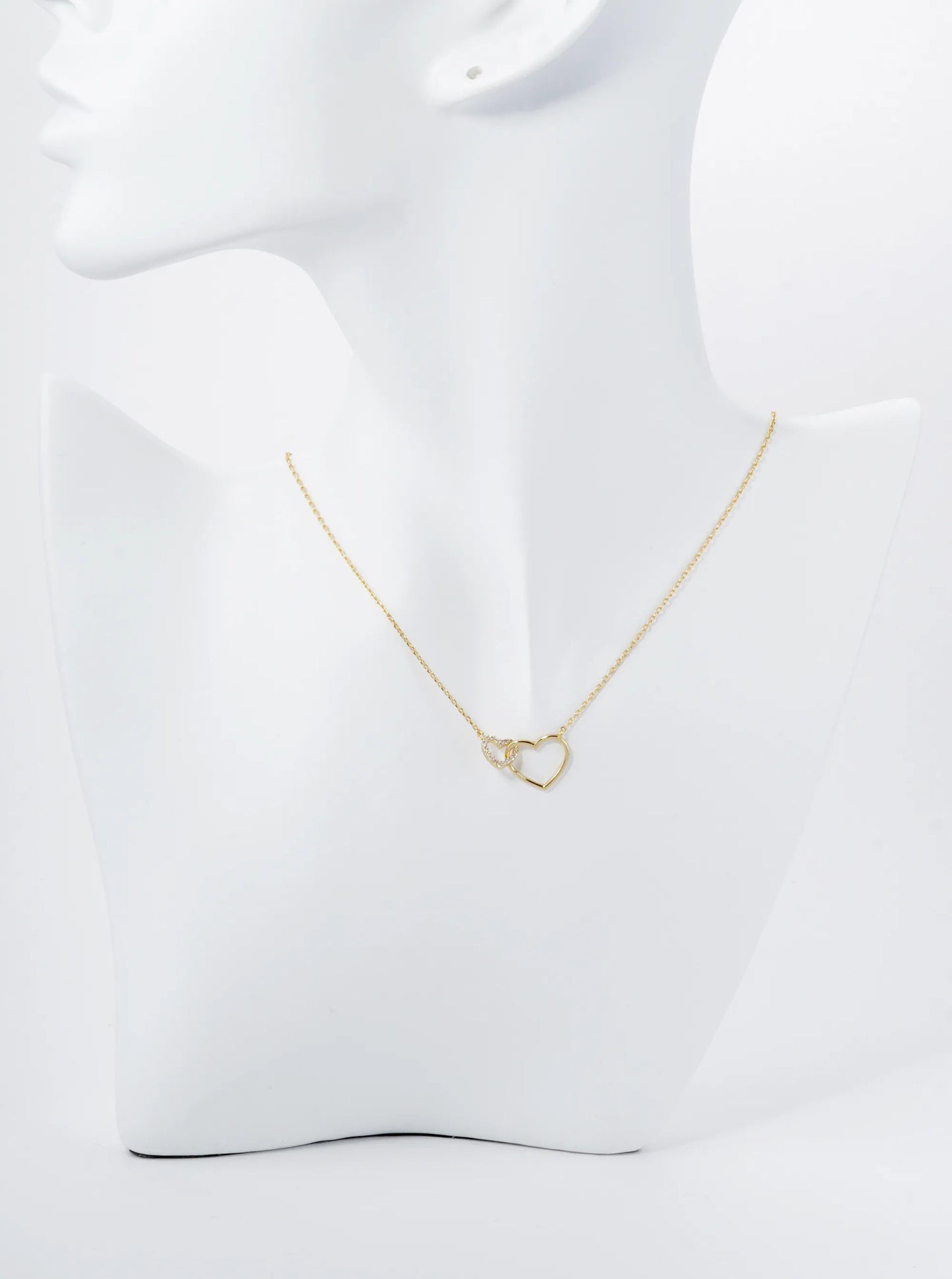 18K Gold Dipped Cubic Zirconia Pave Two Interlocking Hearts Pendant Necklace