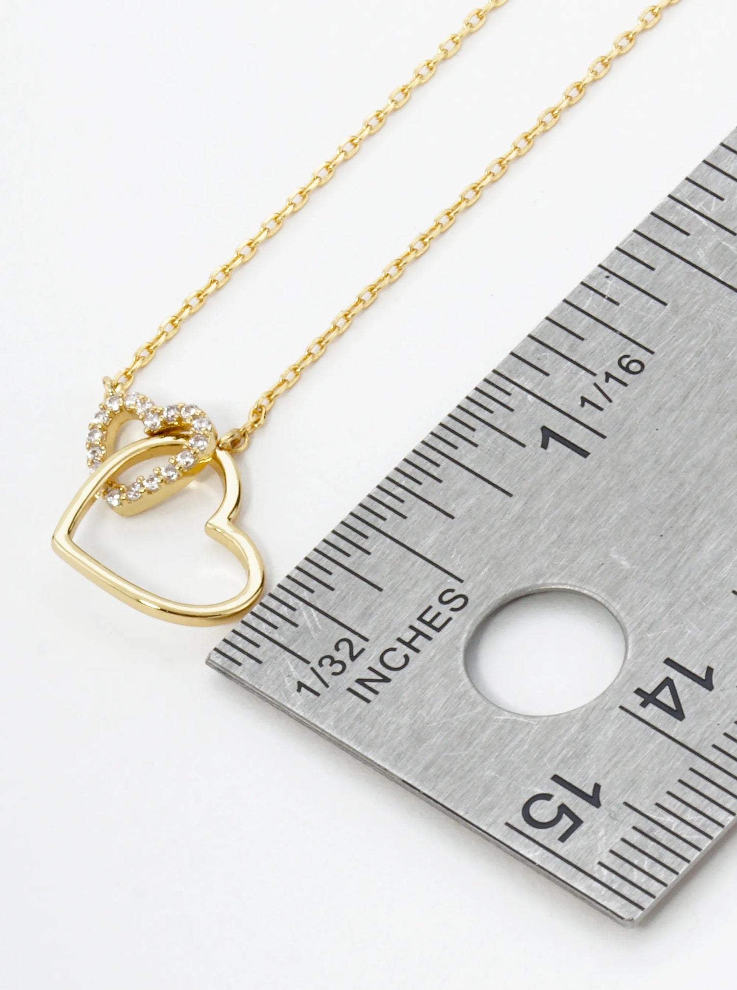 18K Gold Dipped Cubic Zirconia Pave Two Interlocking Hearts Pendant Necklace