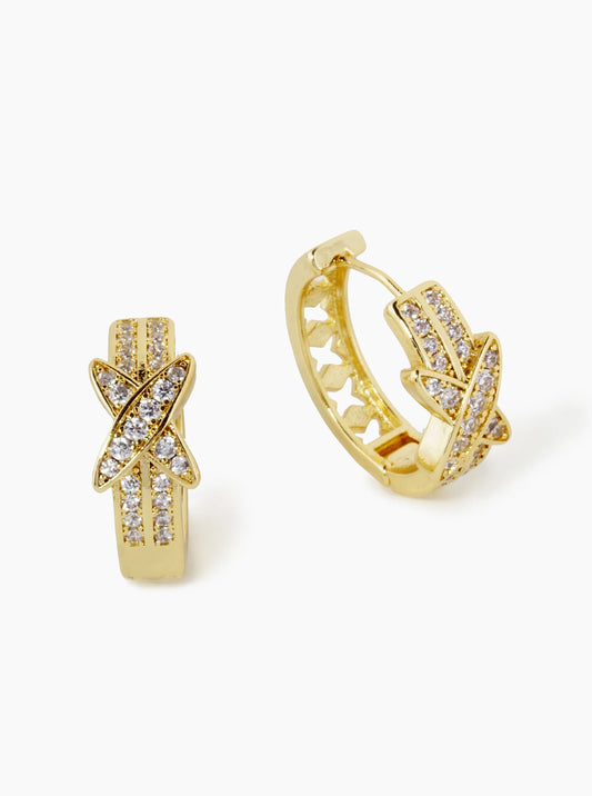 18K Gold Dipped Cubic Zirconia Pave X Shape Cutout 15mm Hoop Earrings