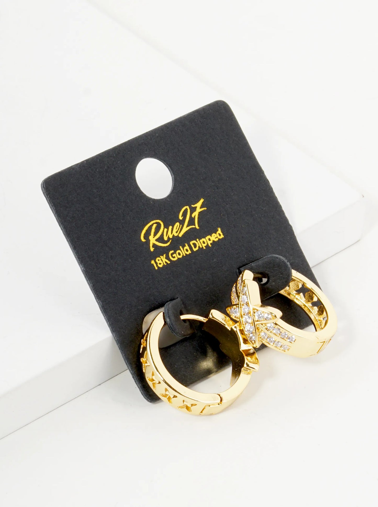 18K Gold Dipped Cubic Zirconia Pave X Shape Cutout 15mm Hoop Earrings