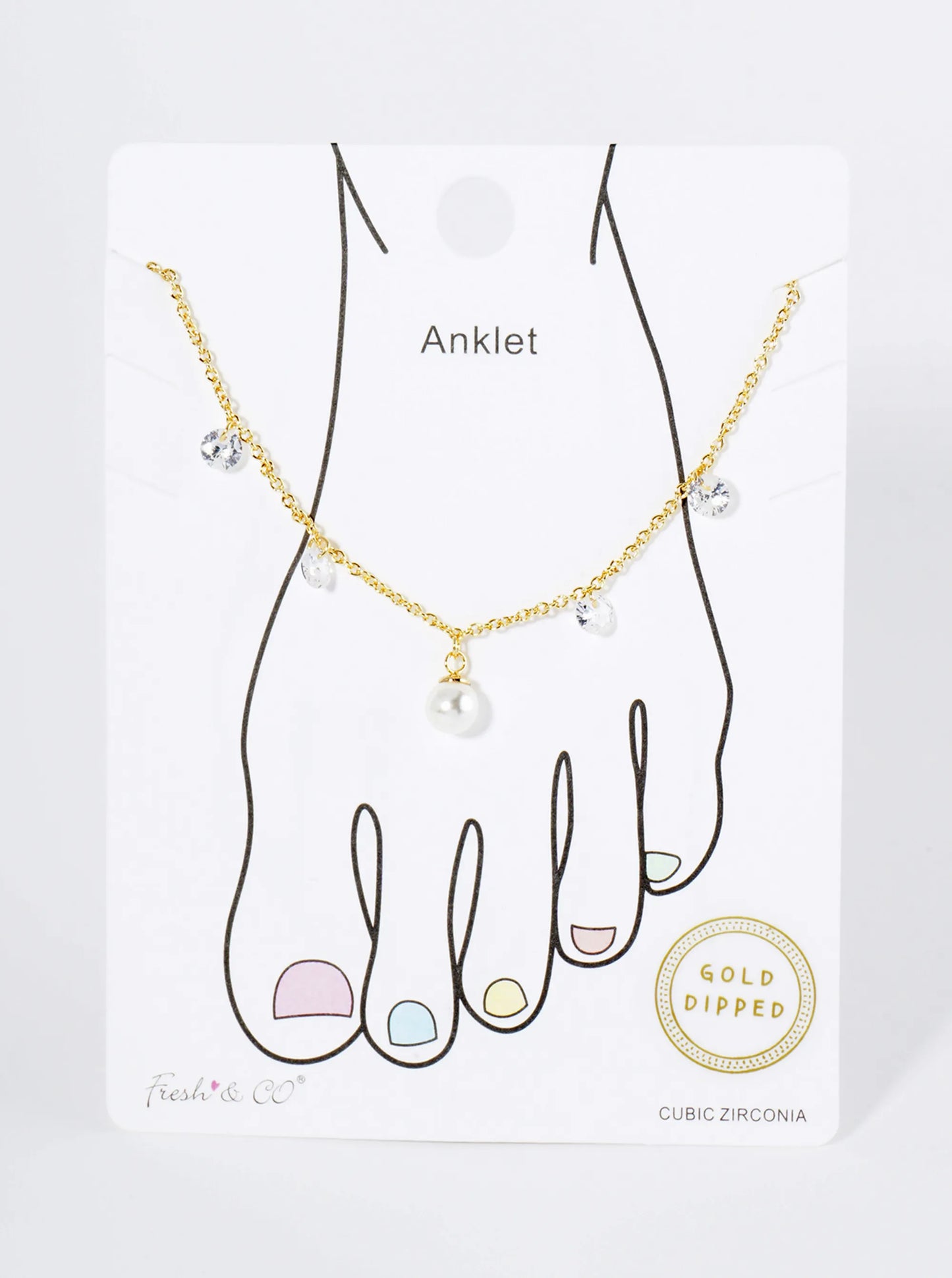 18K Gold Dipped Cubic Zirconia Pearl Bead Charm Brass Chain Anklet