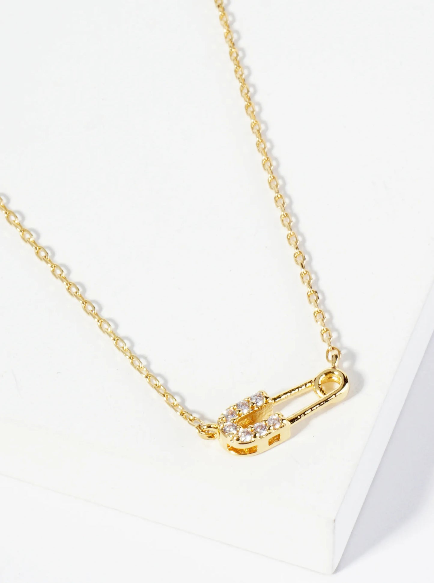 18K Gold Dipped Cubic Zirconia Petite Safety Pin Pendant Necklace