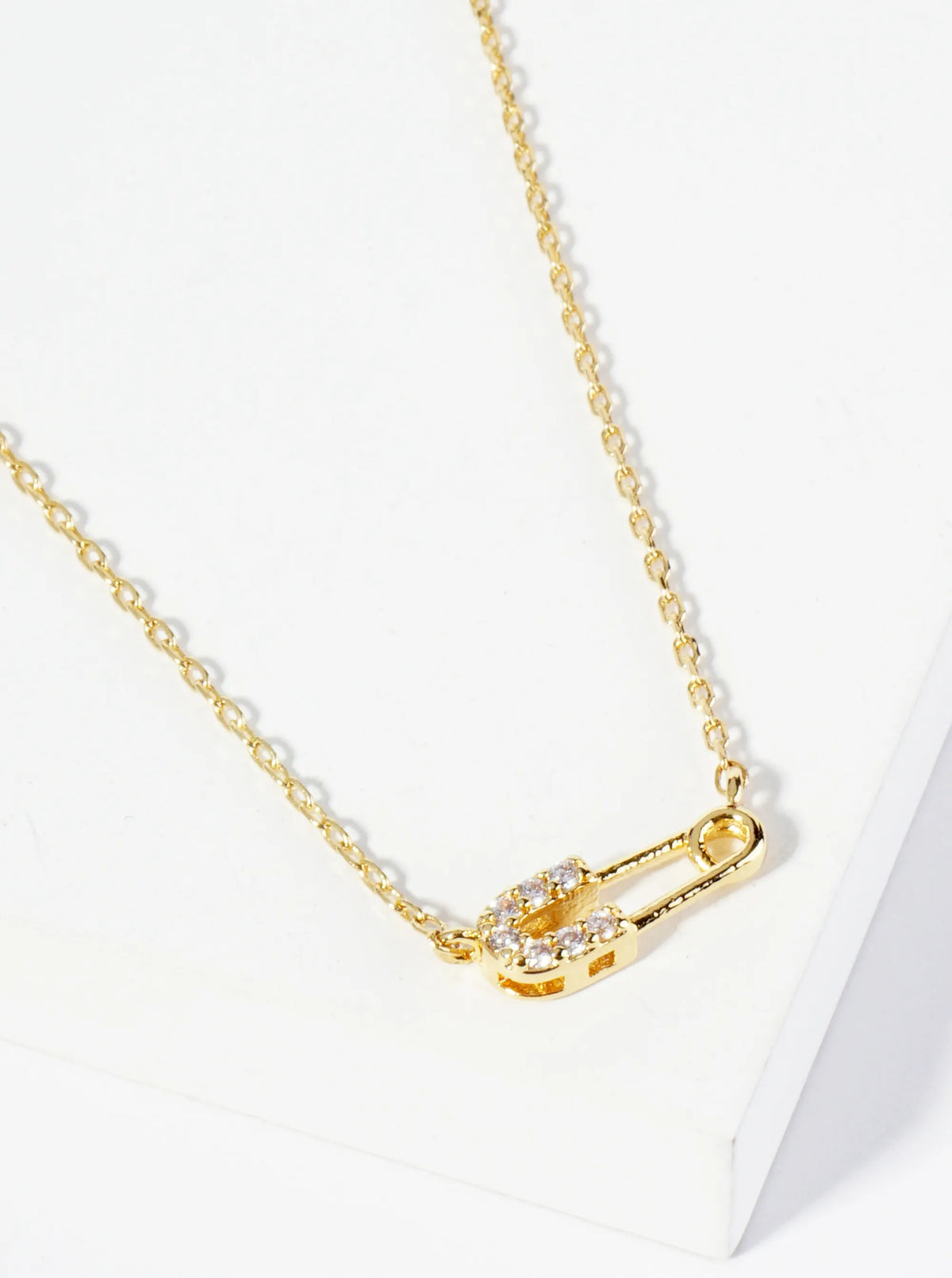 18K Gold Dipped Cubic Zirconia Petite Safety Pin Pendant Necklace