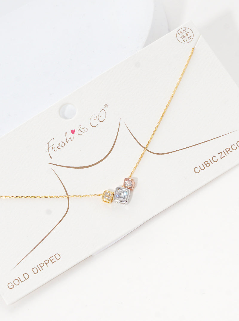 18K-Gold-Dipped Cubic-Zirconia Square Charm Delicate Necklace