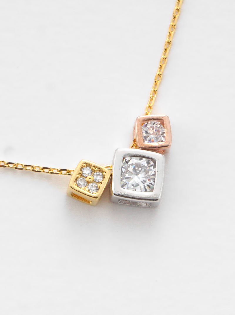 18K-Gold-Dipped Cubic-Zirconia Square Charm Delicate Necklace