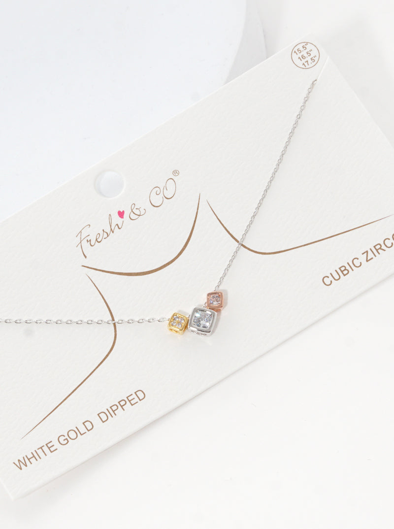 18K-Gold-Dipped Cubic-Zirconia Square Charm Delicate Necklace
