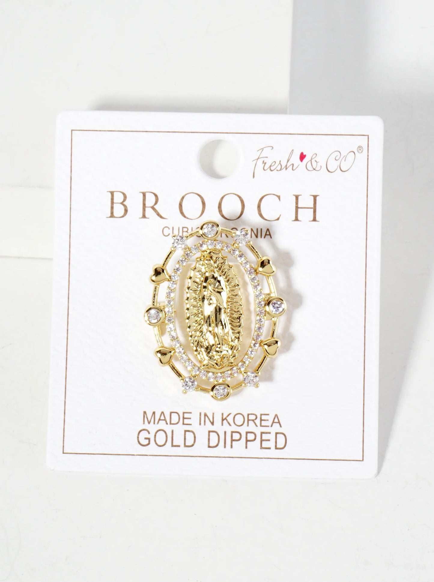 18K-Gold-Dipped Cubic-Zirconia Virgin-Mary Brooch In Oval Frame